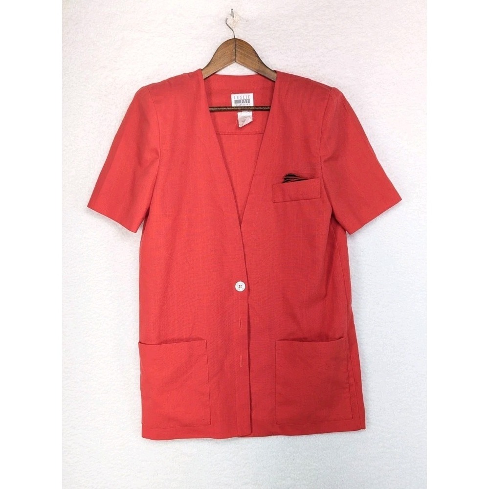 Leslie Faye Red Padded Shoulder Short Sleeve 3 Button Blazer Top USA 12